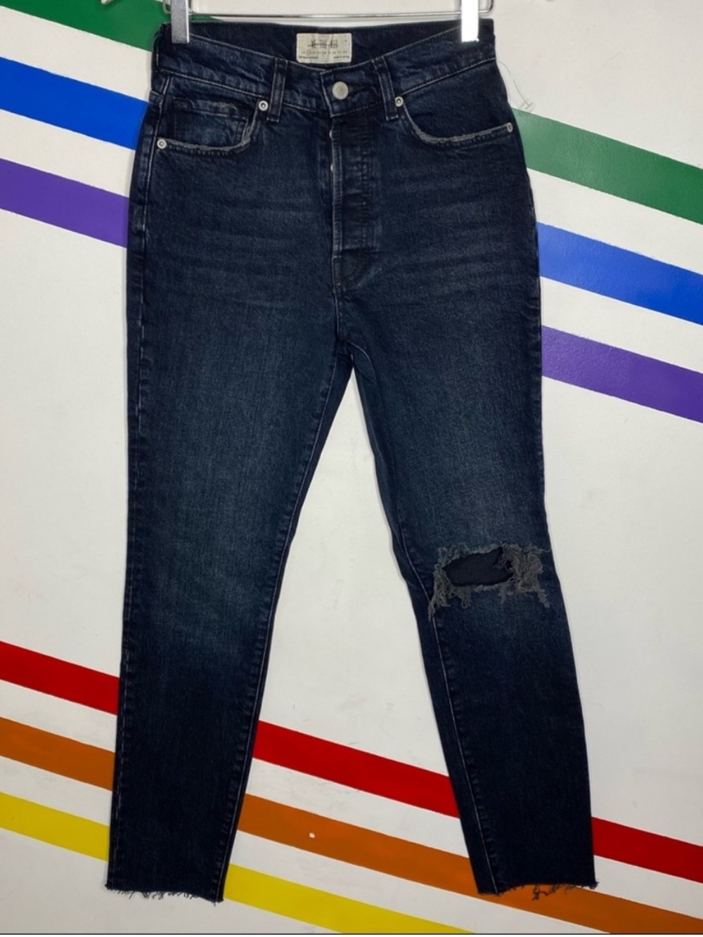 New, we the free high waist distressed button fly dark washed jeans size 25